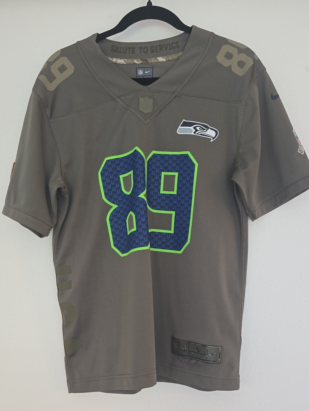Nike Women Olive Green Seattle Seahawks #89 Jersey with Neon Trim.